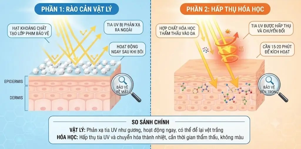 So sánh kem chống nắng vật lý và kem chống nắng hóa học