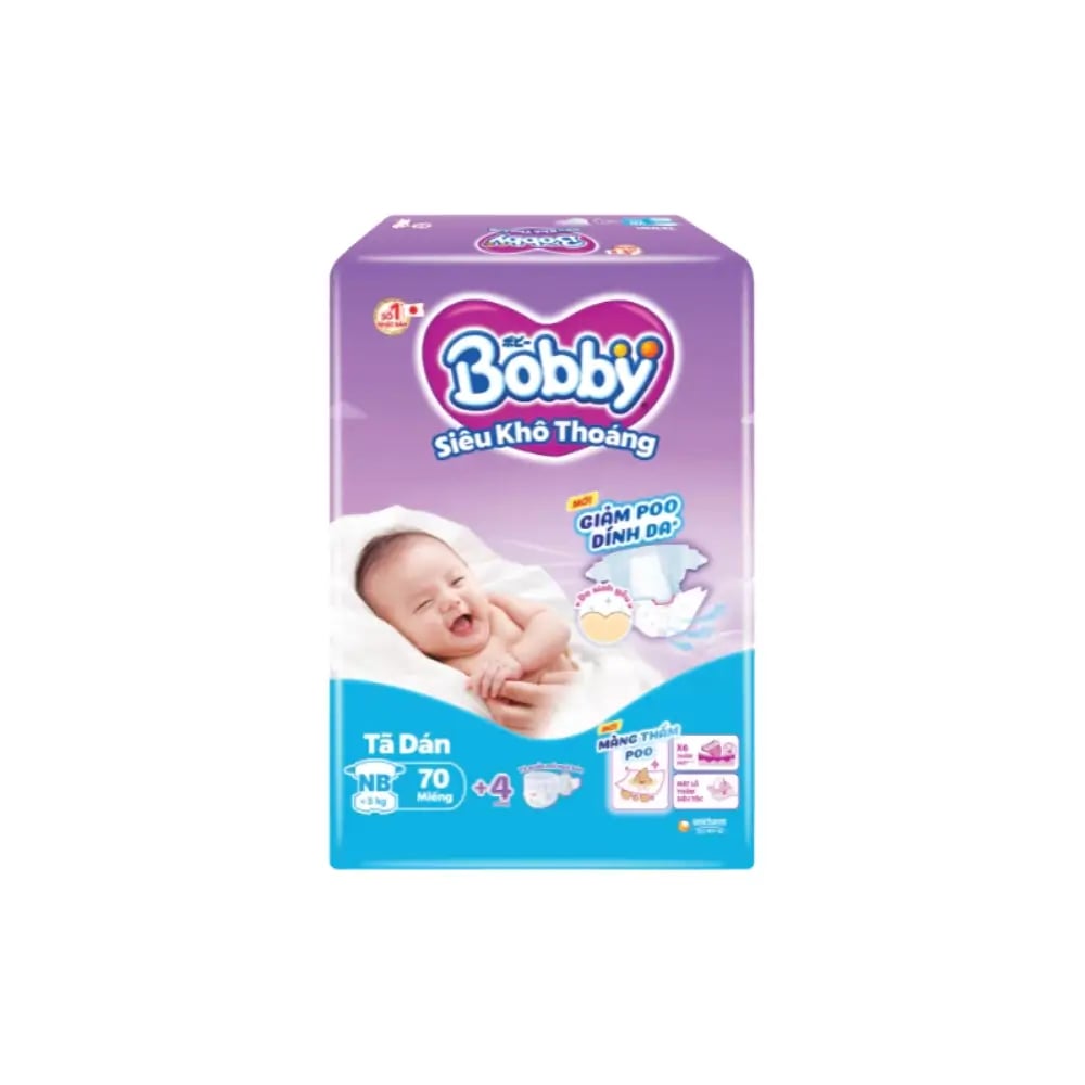 Tã dán sơ sinh Bobby siêu khô thoáng 70 miếng