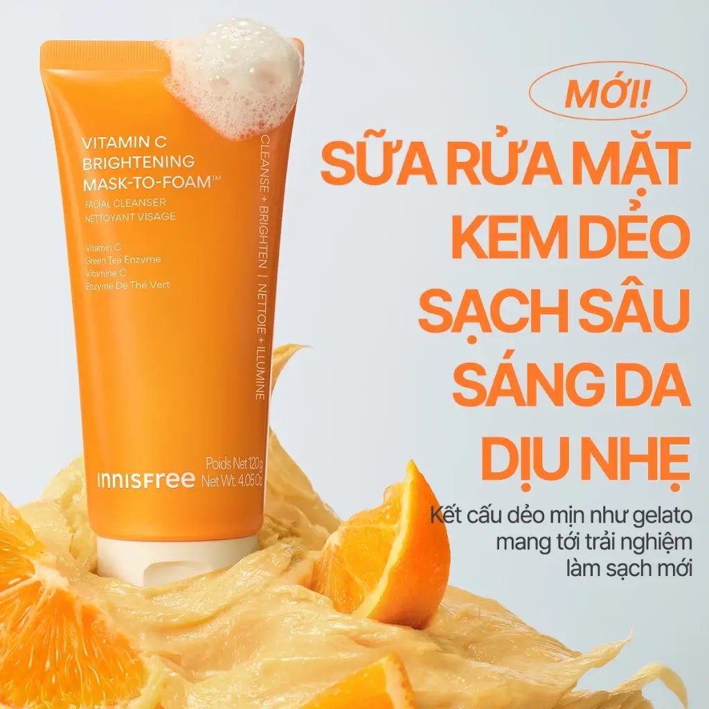 Sữa rửa mặt sáng da INNISFREE Vitamin C Brightening Mask-To-Foam Facial Cleanser 120g sạch sâu dịu nhẹ